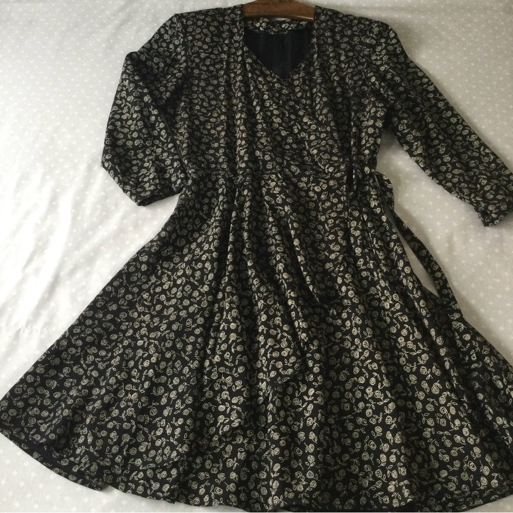 Black Floral Wrap Dress with Subtle Cream Print